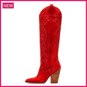 Knee High Cowboy Boots Pointed Toe Chunky Heel Embroidered Western Wide Calf